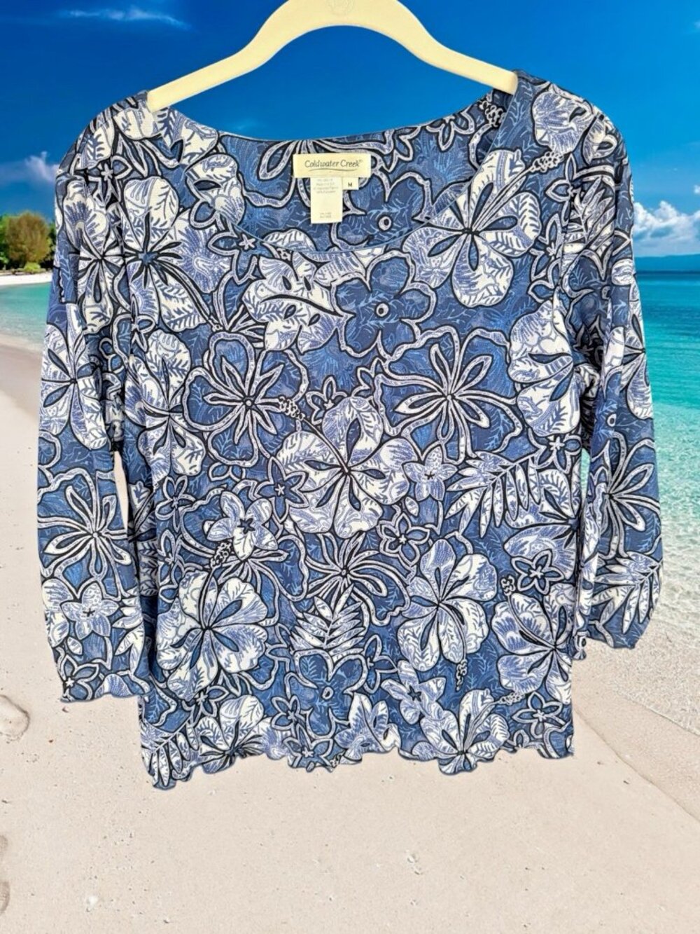 Coldwater Creek Lined Blue/Black/White Floral 3/4 Sleeve Top-Size Medium